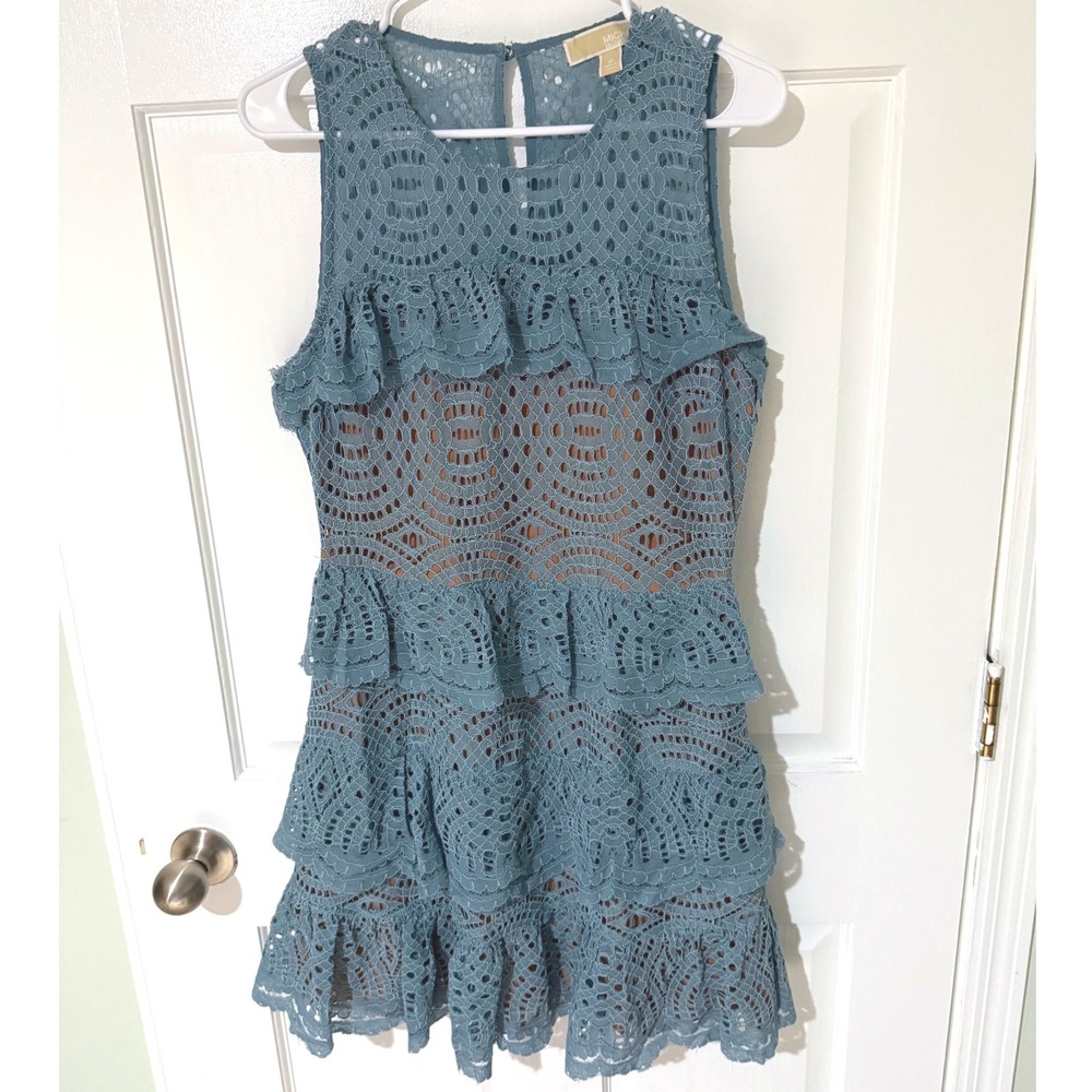 Michael Michael Kors Blue Crochet Lace Tiered Ruffle Mini Dress Womens Size M